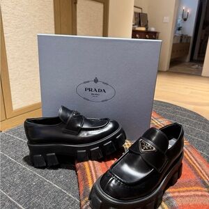 Prada Brushed Leather Monolith Loafers